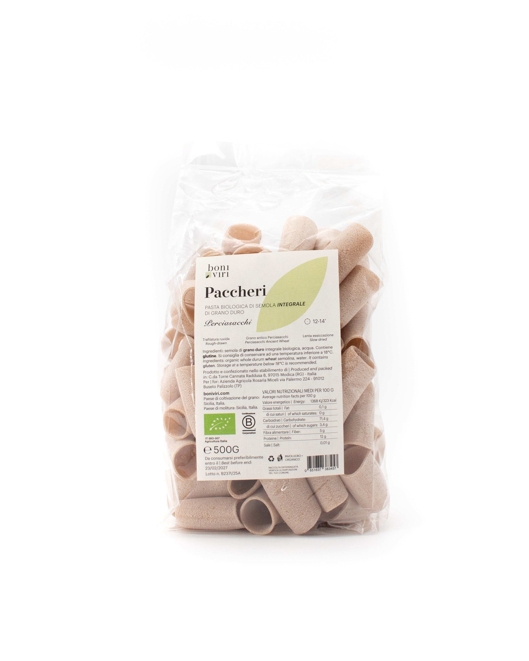 Pasta Paccheri integrali di grano Perciasacchi Bio